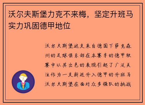沃尔夫斯堡力克不来梅，坚定升班马实力巩固德甲地位